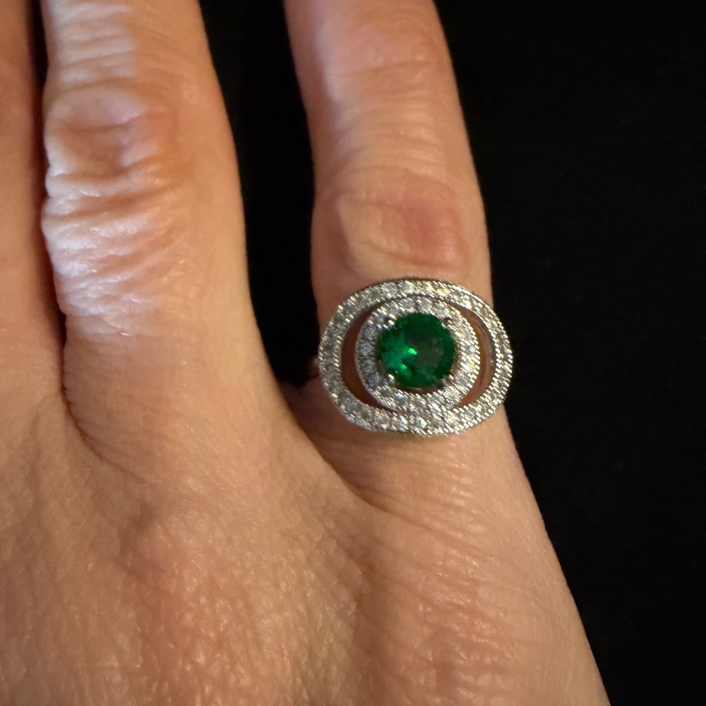 Green Stone Double Halo Silver Tone Cocktail Ring Size 6.25 Round Cut